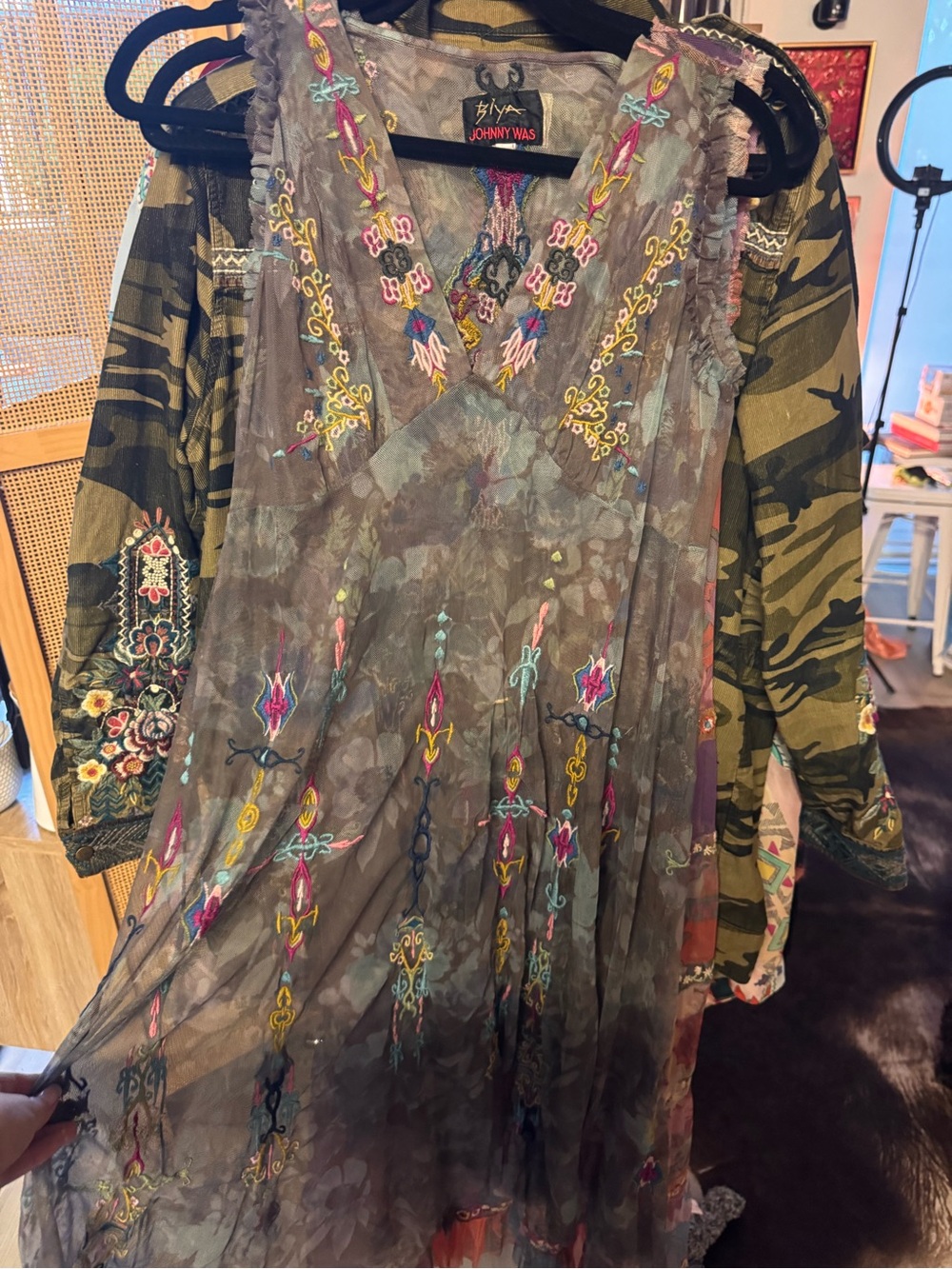 Johnny Was Biya Gray Sheer Maxi Dress with Multicolor Embroidery NWOT